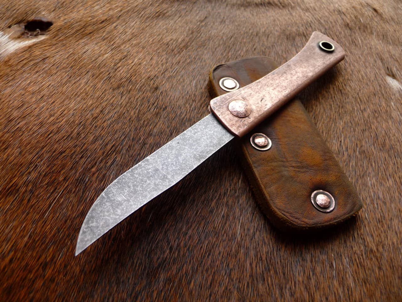Antiqued Copper Opinel knife mod - back view (Photo Ru Titley Knives)
